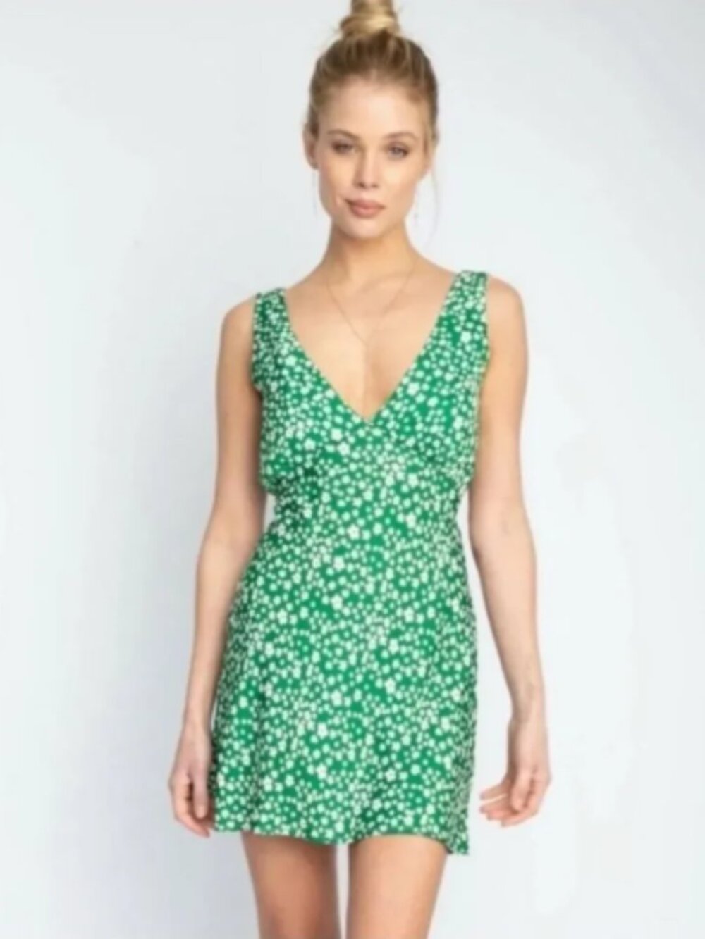 Green Floral V-Neck Mini Dress by